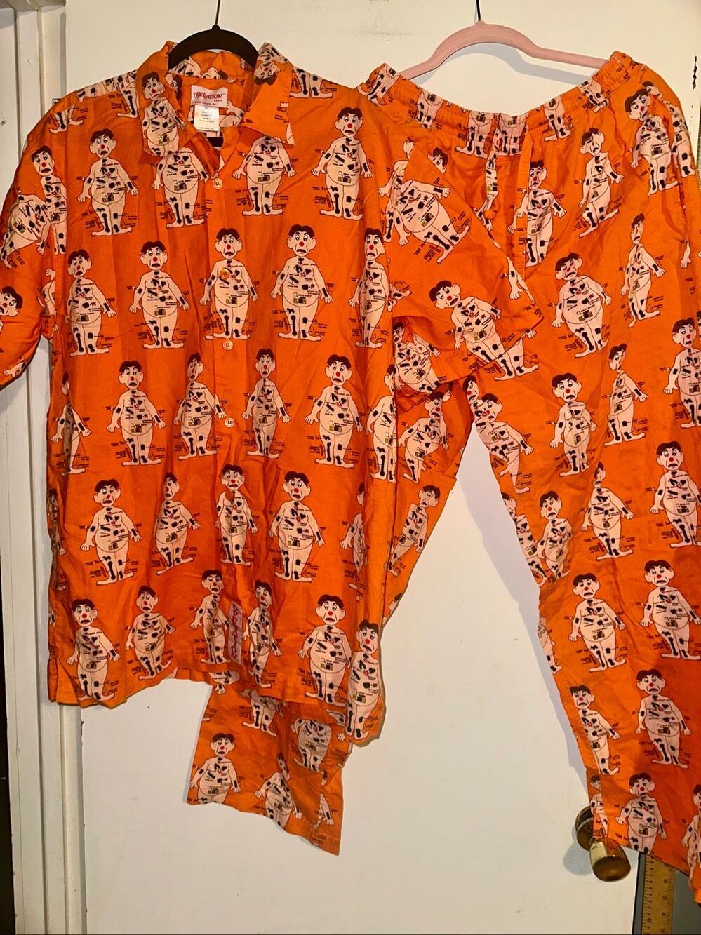Hasbro Operation Board Game Button Down pajamas loungewear Y2K 2001 Mens Orange